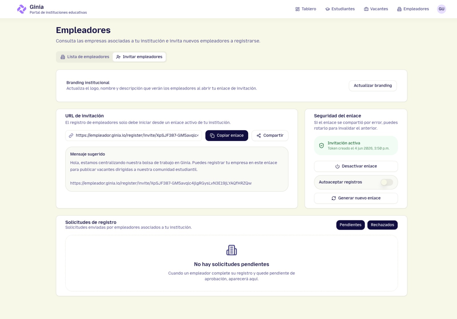 Invitación y gestión de empleadores en el portal de Ginia